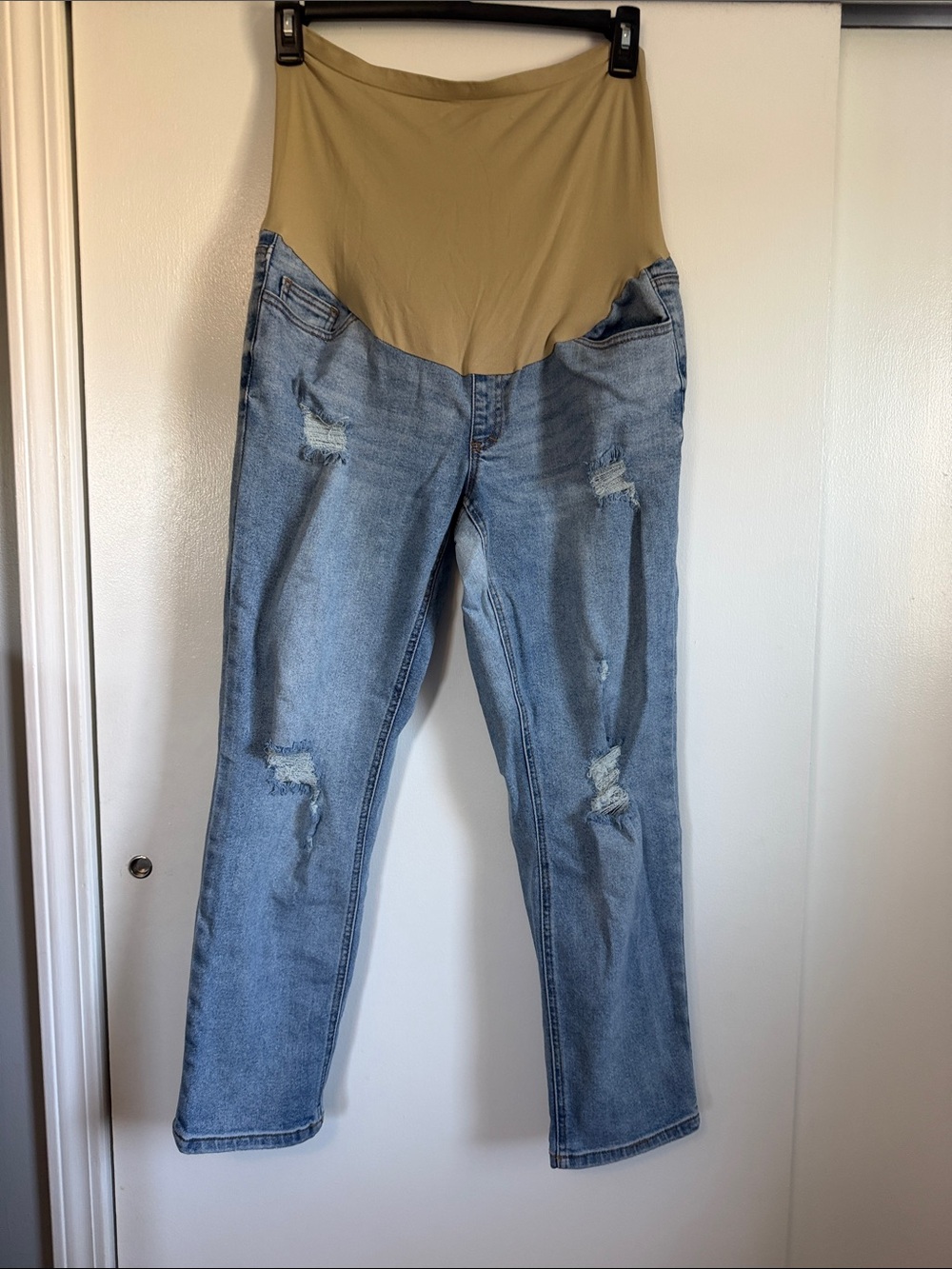 Time and Tru Light Blue Straight Leg Maternity Jeans with Tan Support Panel